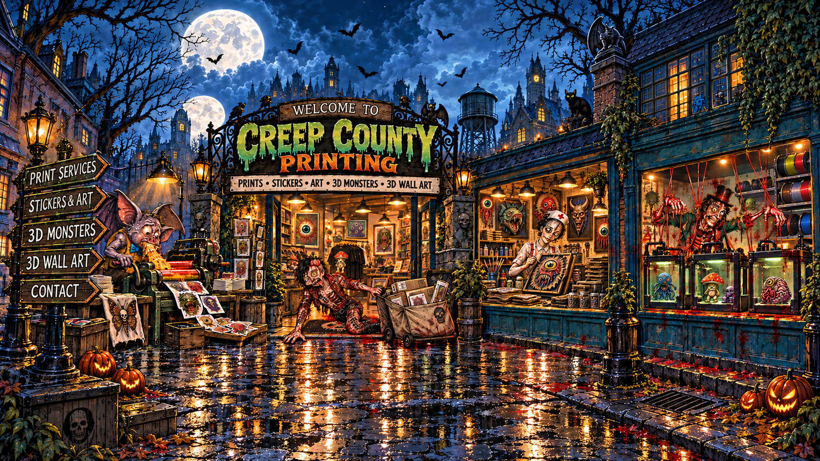 Creep County Printing at night, with separate signs for print services, stickers and art, 3D monsters, 3D wall art, and contact