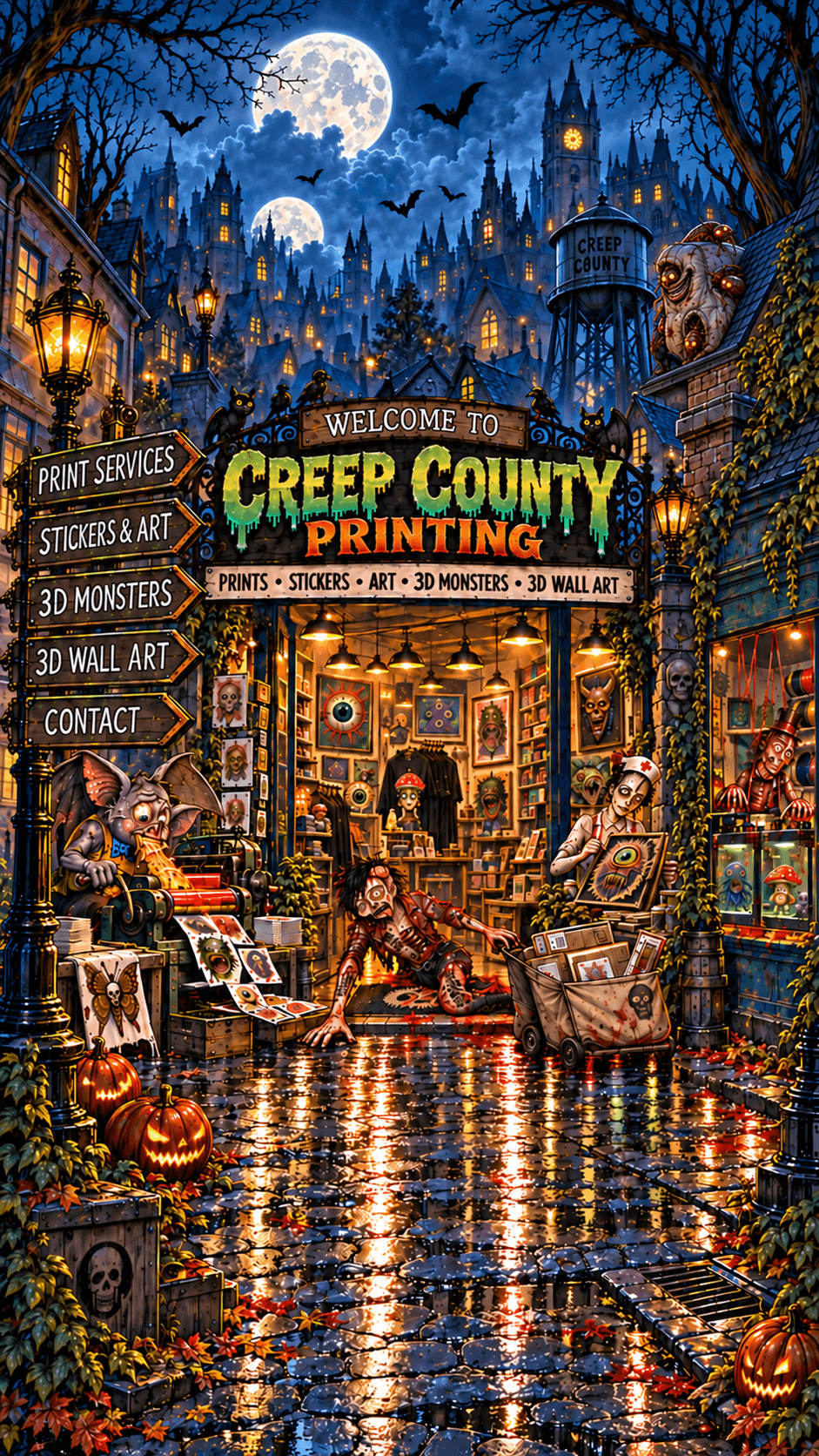 Creep County Printing at night, arranged for mobile with Bedbug Doug on the roof and separate signs for print services, stickers and art, 3D monsters, 3D wall art, and contact